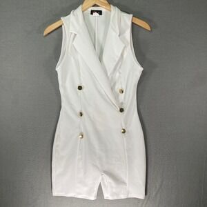 Women White Sleeveless Double Breasted Blazer Romper Shorts Jumpsuit Large Y2K
